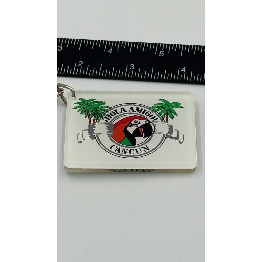 Vintage‎ Hola Amigo Cancun Keychain Macaw Parrot Palm Tropical Souvenir Mexico